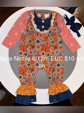 Marie Nicole Orange Floral Romper with Pink Polka Dot Sleeves